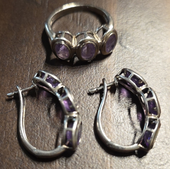 AMETHYST 925, STERLING SILVER, EARRINGS AND RING SET SIZE 6.5 - Picture 5 of 5
